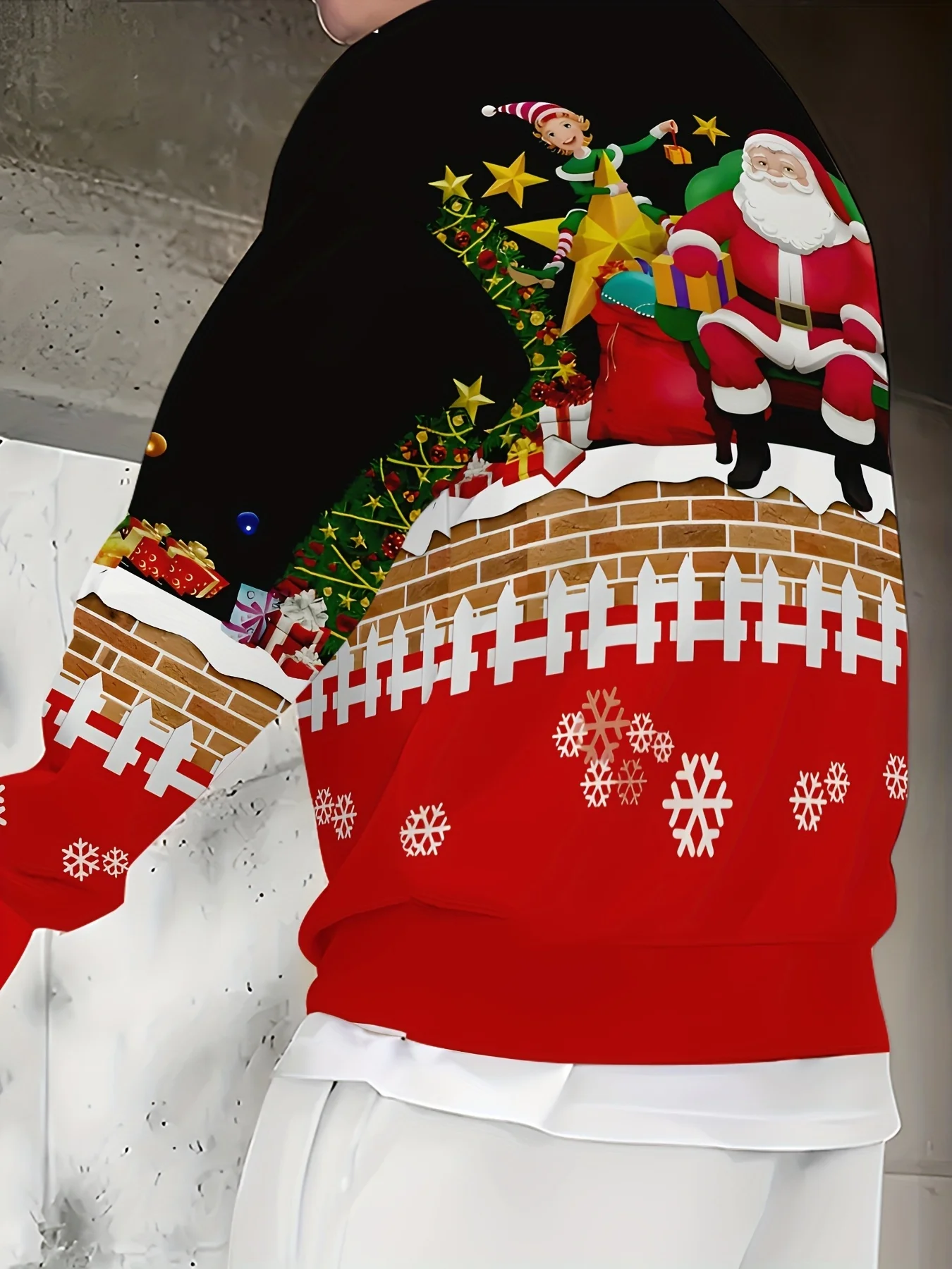 Men Crewneck Sweatshirt, Black Red Santa Elf Gift Tree Print Polyester Casual Pullover