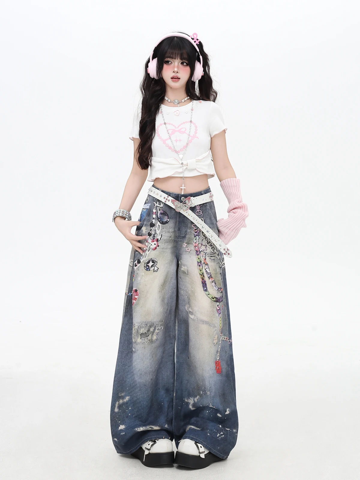Chain Printing Ink Splashing Old Heavy Industry Print Jeans 2025 Autumn High Street Loose Wide-leg Jeans Blue Jeans for Women