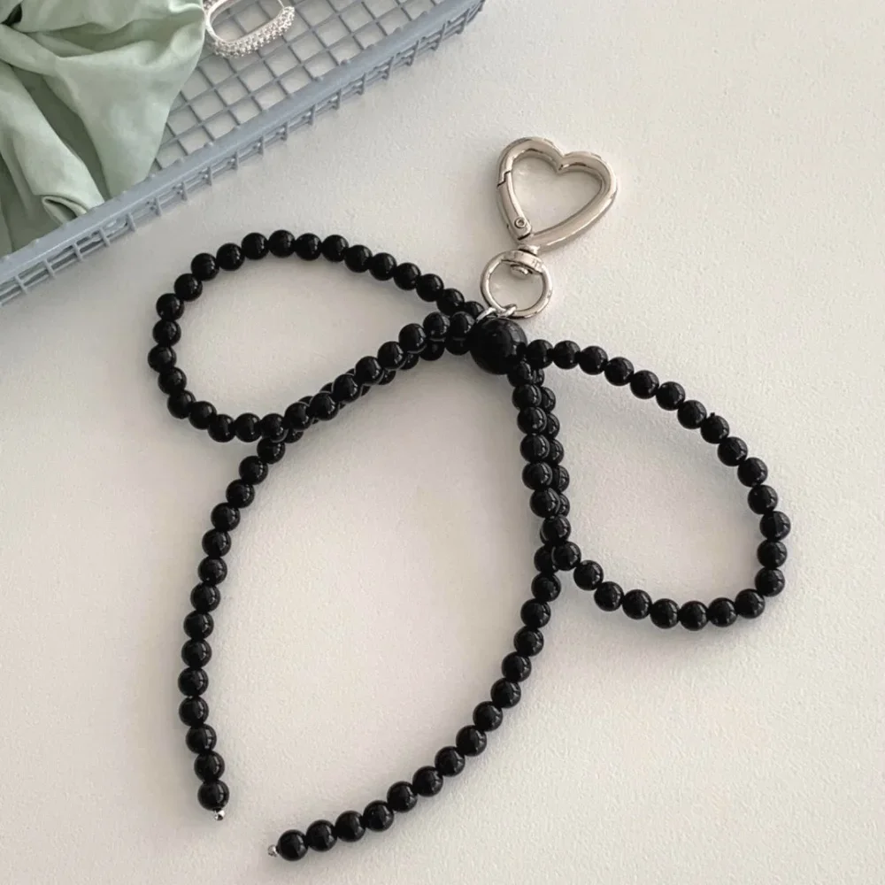 Korean Sweet Beaded Pearl Bowknot Keychain Heart Bags Pendant Keyring Y2K Key Chain Holder for Girl Bag Pendant Accessories