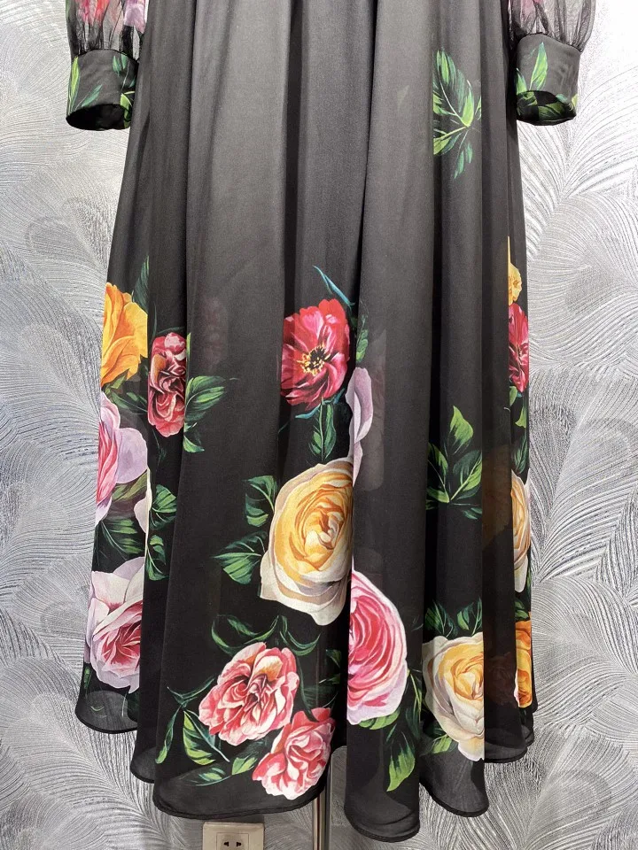 Bow Tie Elegant Long Dress 2025 Spring High Quality Clothing Women Big Floral Prints Long Sleeve Black Long Evening Maxi Dress