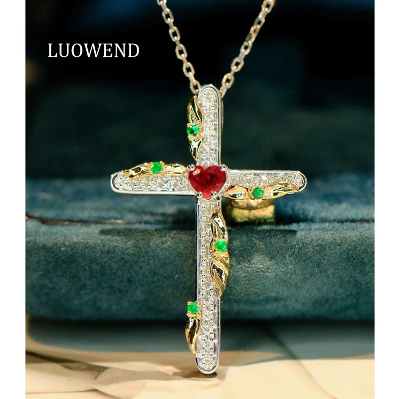 

LUOWEND 100% 18K White+Yellow Gold Pendant Shiny Diamond Natural Ruby Romantic Cross Pendant for Women High Party Jewelry