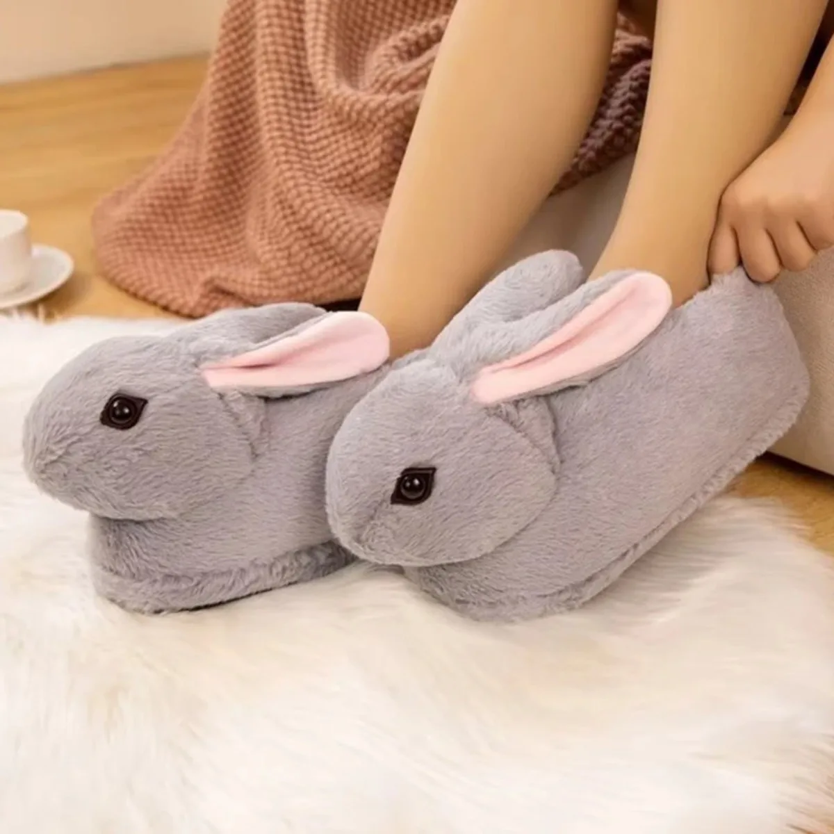 Women House Fur Slippers Casual Cute 3D-shaped Lovely Bunny Rabbit Design Pink Grey Winter Indoor Warm Soft Soles Comfy Home New