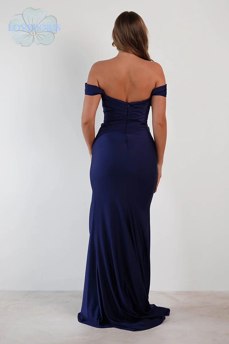 LoveDoris Bridesmaid Dress Long Satin Prom Dress Navy Blue Sweetheart Evening Party Dress Off the Shoulder Wedding Dress