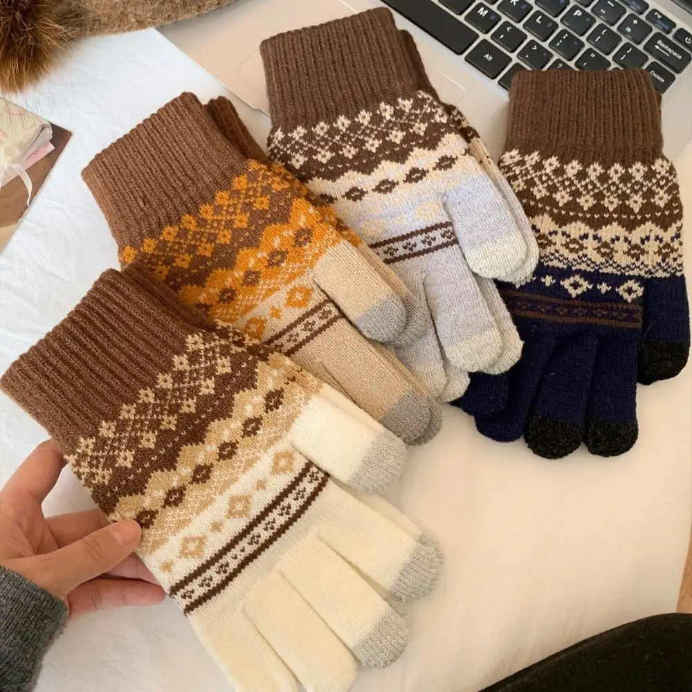 

Fair Island Style Winter Knitted Gloves Red Soft Printed Wool Gloves Korean Style Waterproof Women Cycling Mittens Outdoor