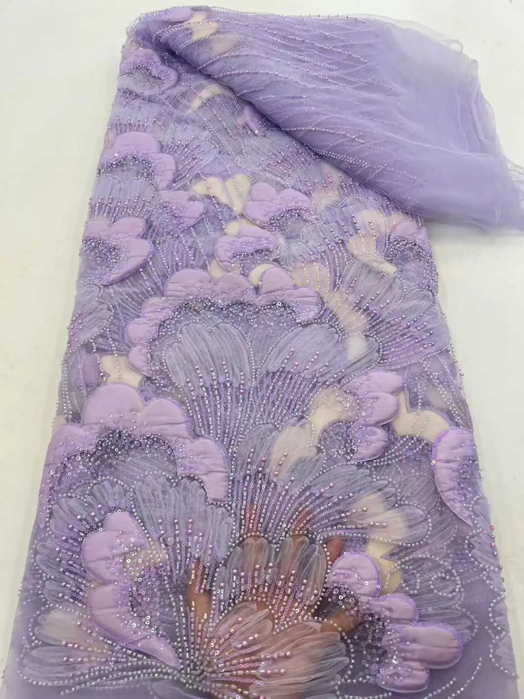 Pink African Groom Beaded Lace Fabric High Quality Nigerian French Sequin Lace Fabric for Bridal Wedding Party Dresses SZ2126