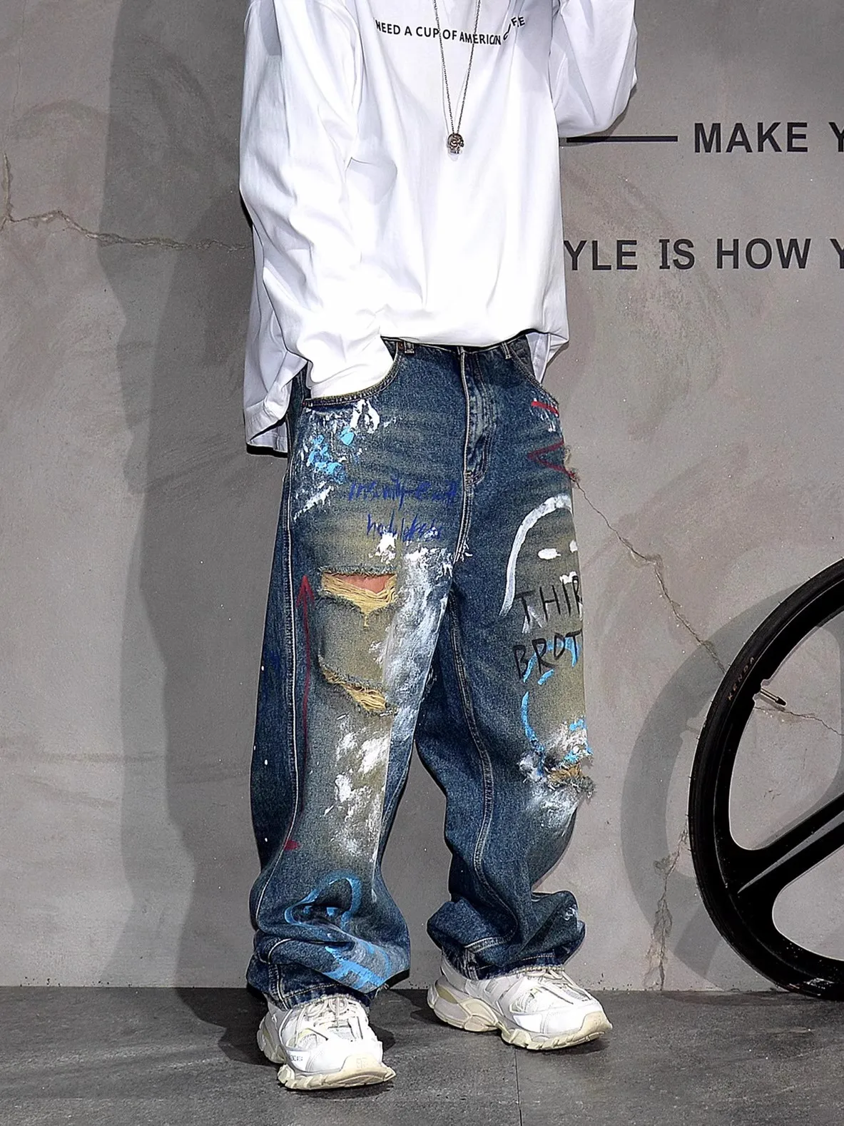 

Мужские джинсы свободного покроя с принтом в стиле ретро, повседневные прямые длинные брюки, износостойкие летние модные трендовые уличные брюки