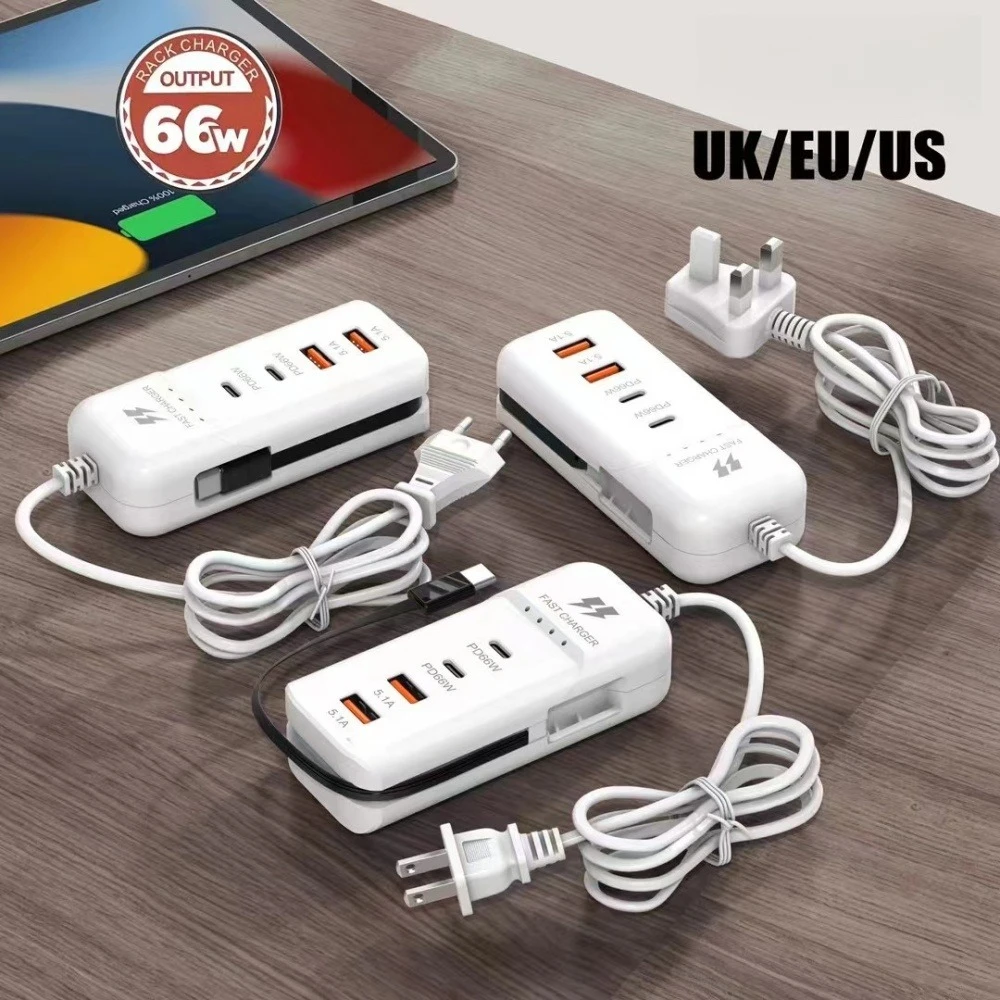 Carregador USB de 66W com 4 Portas, Adaptador Hub USB Tipo C de Carregamento Rápido com Cabo Tipo C, Tomada de Parede com Carregadores USB