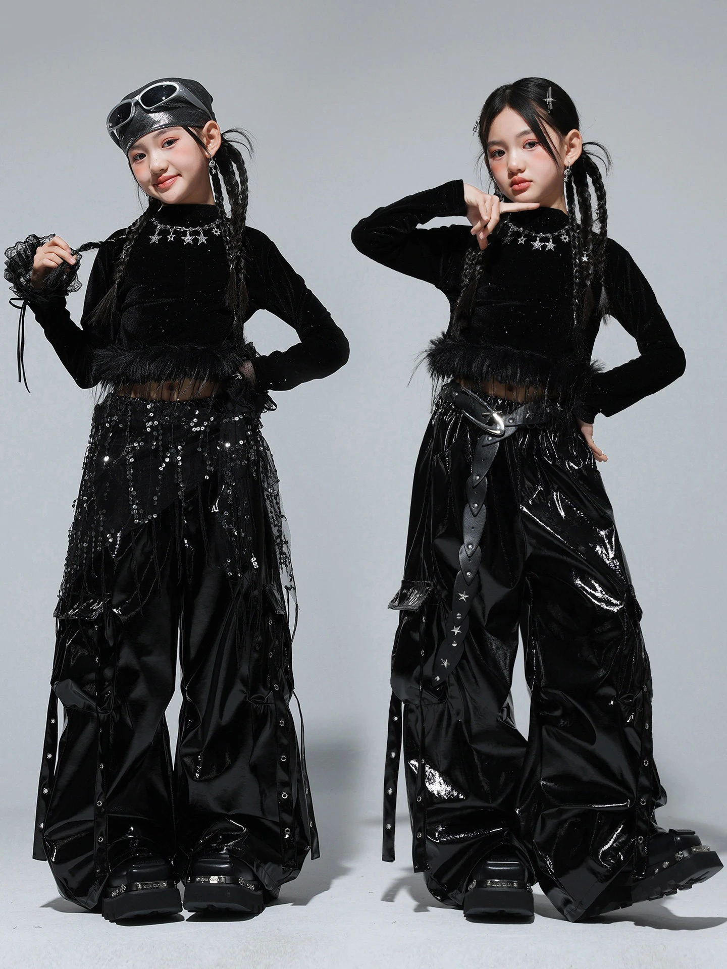 

Черный джазовый танцевальный костюм для девочек, одежда для выступлений K-pop групп, бархатные топы, кожаные брюки, одежда для хип-хоп танцев, детская сценическая одежда