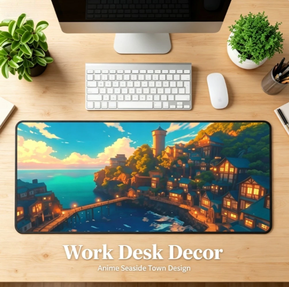 Anime Coastal Town Large Mouse Pad, Sunset Seaside Castle Gaming Desk Mat, Non-slip Rubber Office Laptop Keyboard Table Mat Gift