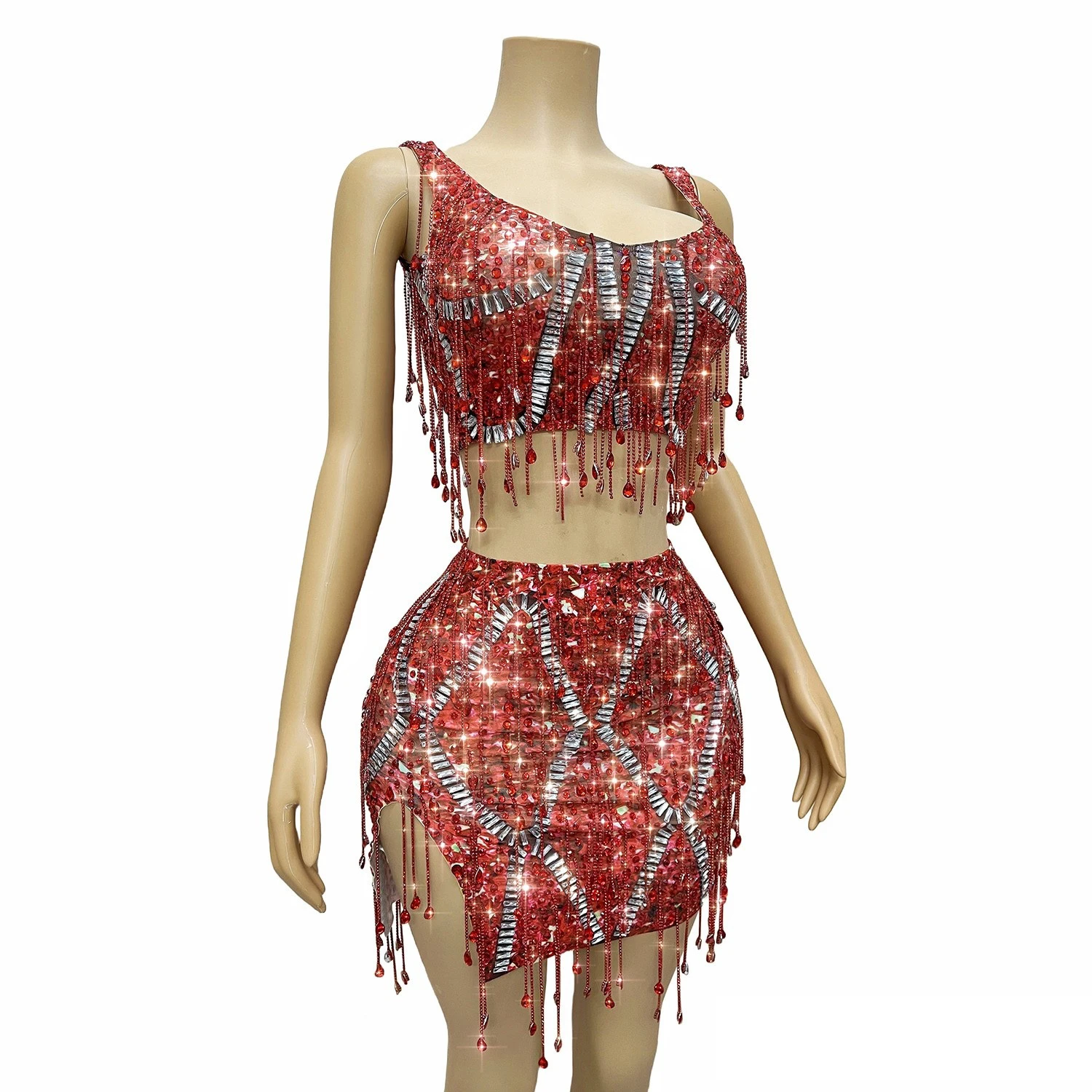 2025 sexy vermelho borlas diamante vestido boate dj bar dança cantor equipe festa feminino gogo dançarino drag queen palco traje dn21604