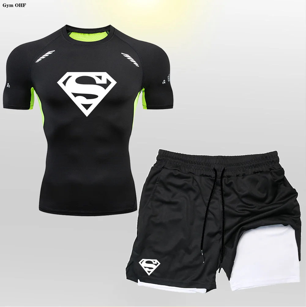 Super/Hero Men's Compression Shirts 2 in 1 Shorts Set Man Sportswear Fitness Gym Workout Rash Guard Kits Quick Dry Shirt Shorts