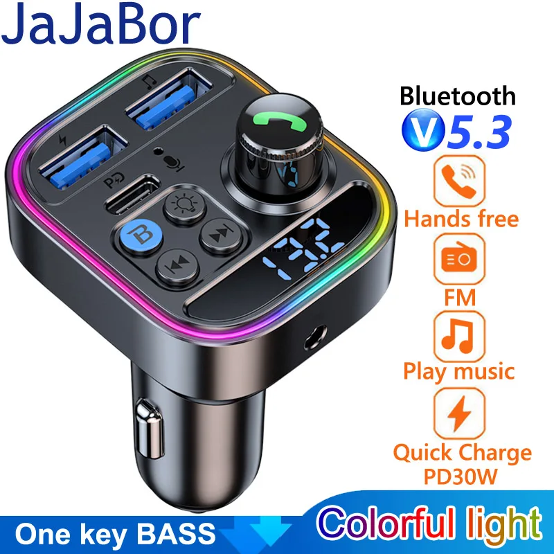 

JaJaBor Car FM Transmitter AUX Audio MP3 Player Type C PD 30W Dual USB Fast Charging Car Charger Handsfree Bluetooth 5.0 Car Kit