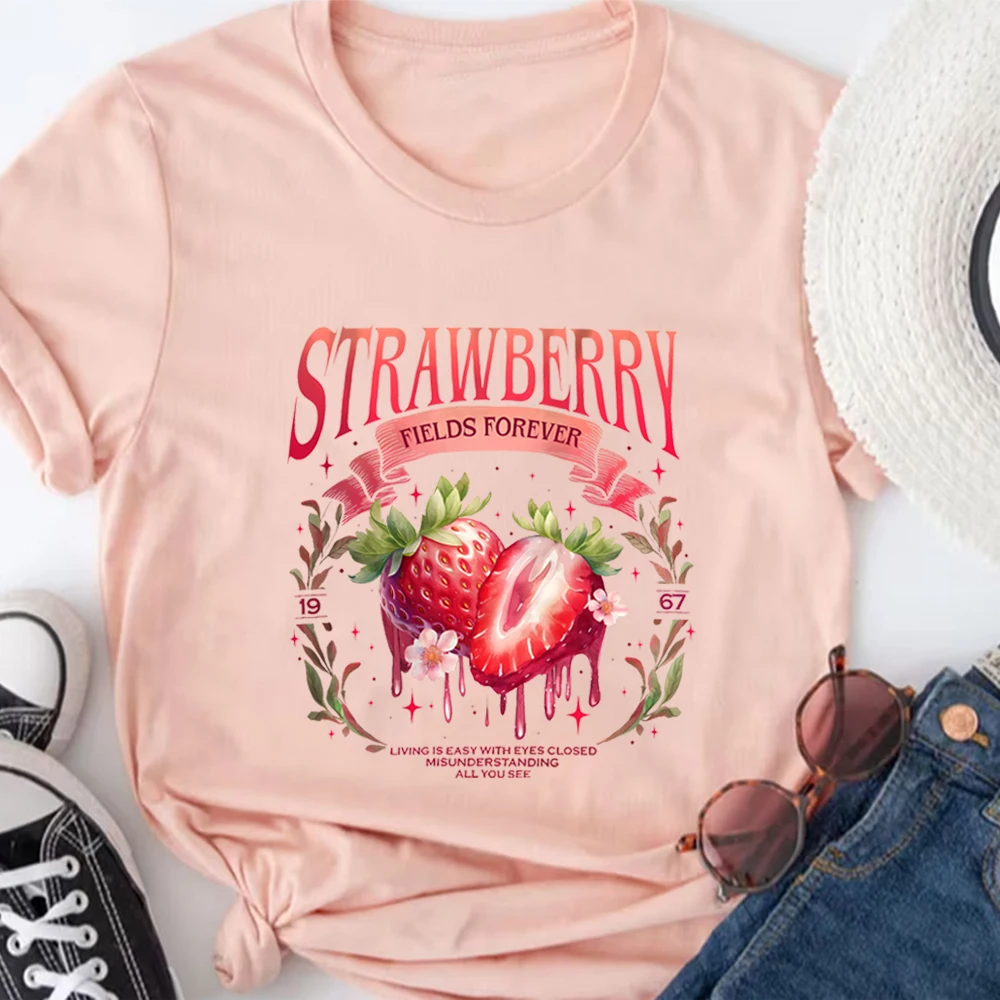 Vintage Old School Band Tee Design Cute Strawberry Graphic T Shirt Beatle Strawberry Tee Garden Tshirt Summer Gift for Her