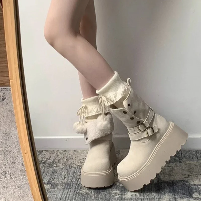 Winter Platform Thick Bottom Women Fur Snow Boots Outdoor Comfort Keep Warm Shoes Ladies Belt Buckle Short Botas Para Mujer