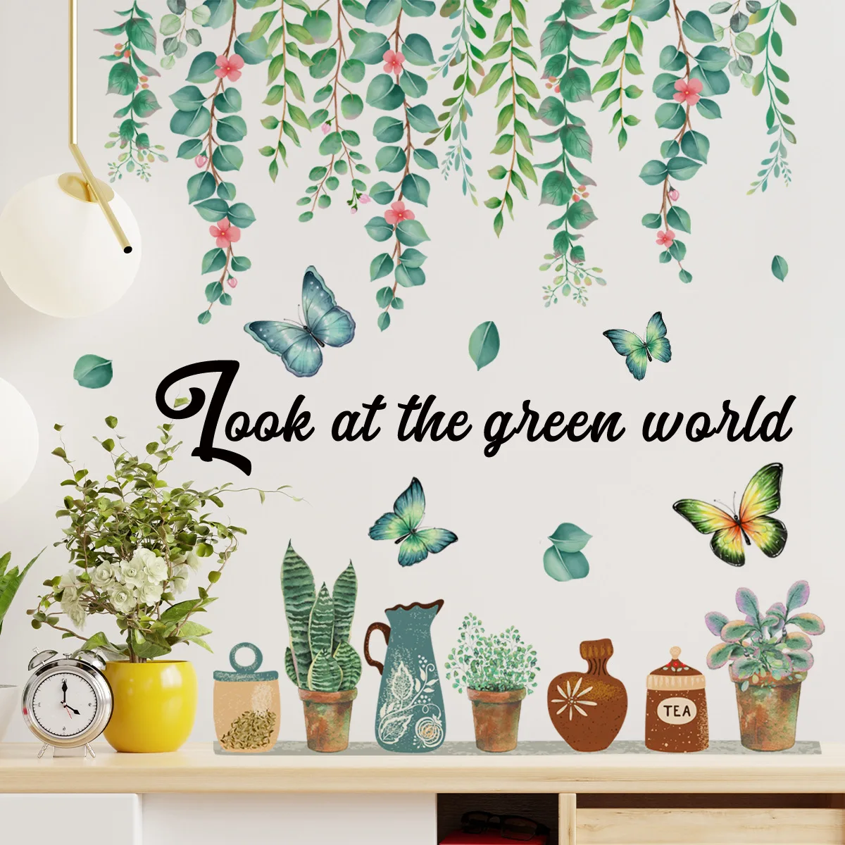 

2pcs English Slogan Vine Butterfly Cartoon Wall Sticker Background Wall Living Room Bedroom Study Decorative Mural Wall Sticker