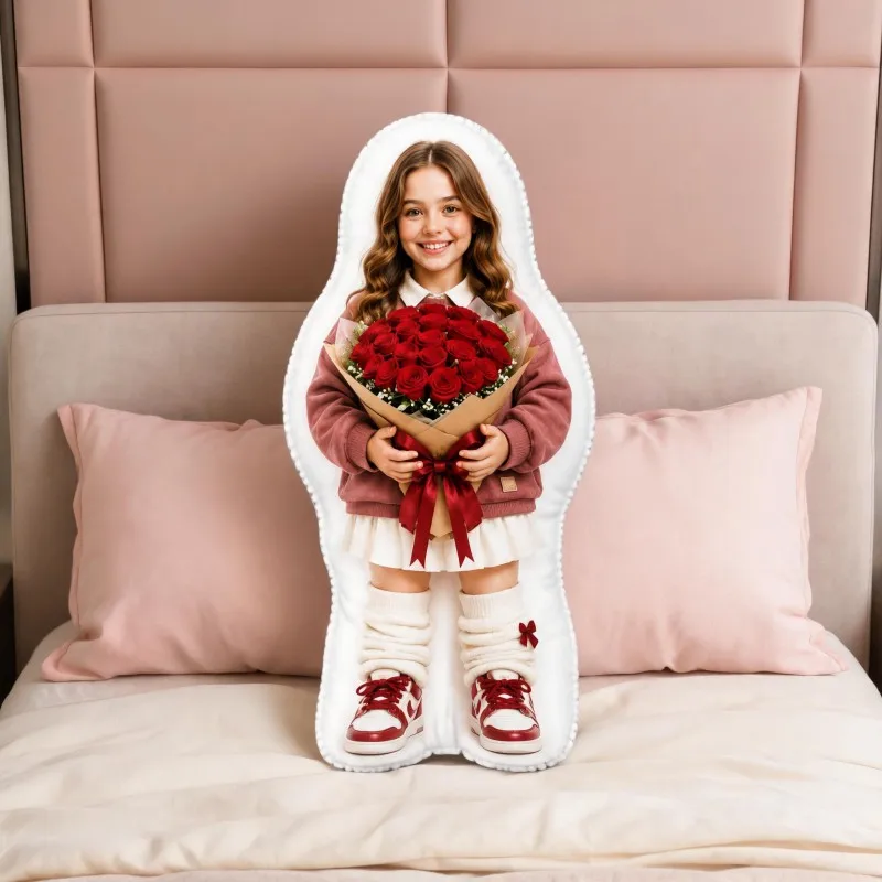Custom Personalized Photo Shaped Pillow, Smiling Portrait Holding Red Roses Decorative Cushion, Unique Home Decor Accent for Sof