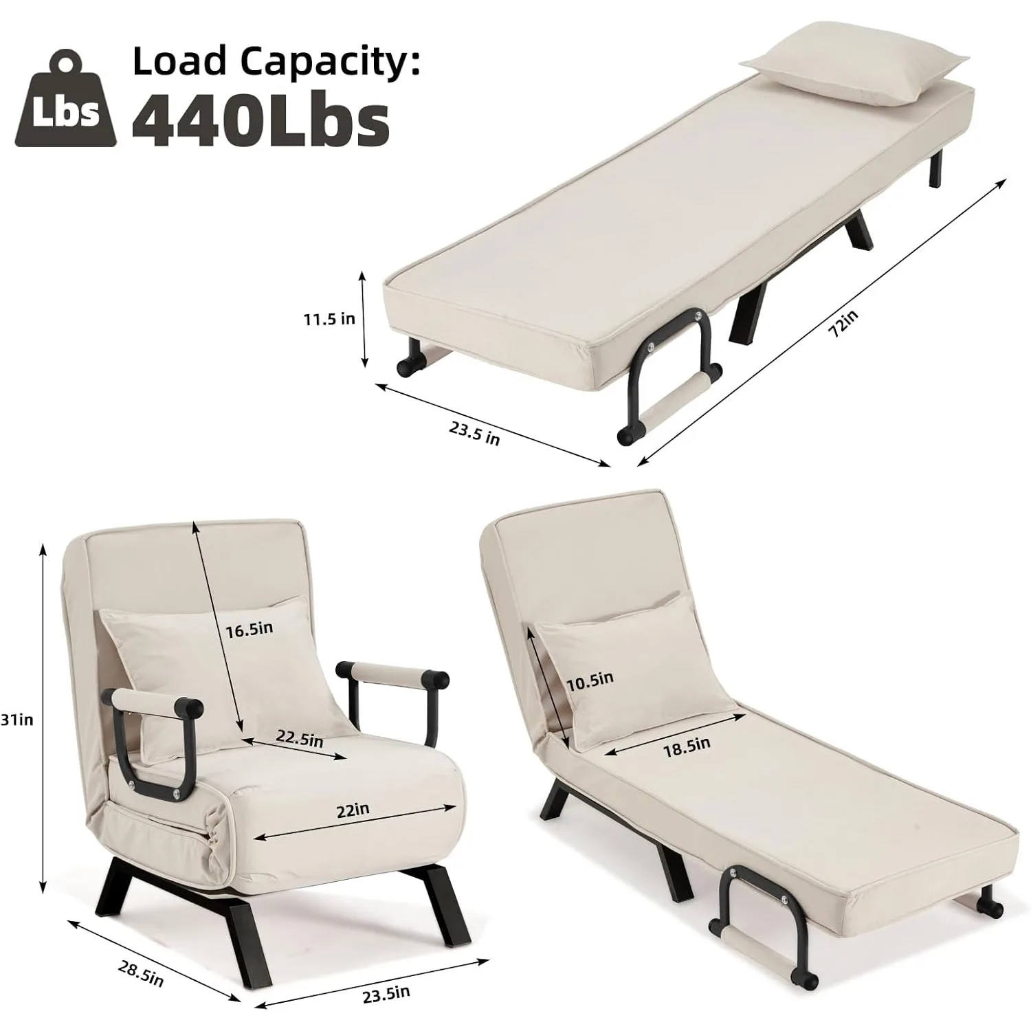 Convertible Bed Sleeper Chair,Tri-fold Upholstered Armchair Sleeper with Pillow,Folding Leisure Chaise Lounge Couch