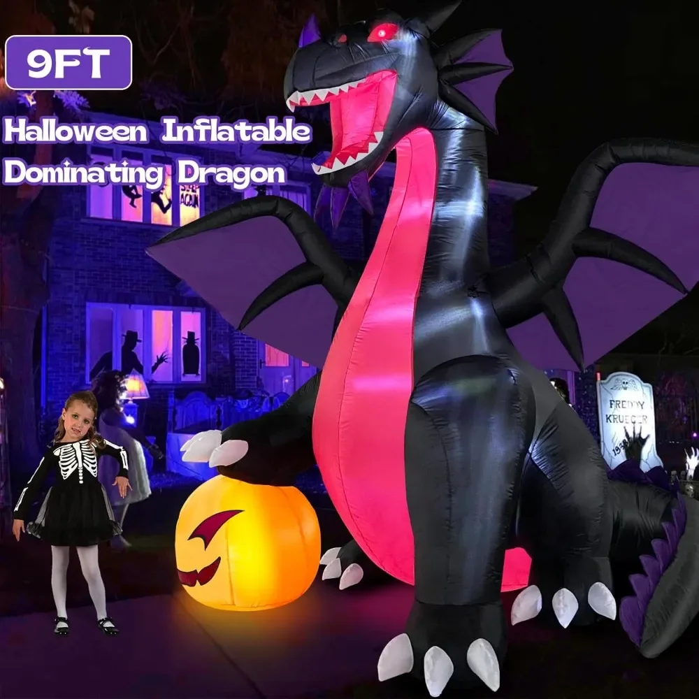 for 9FT Halloween Inflatables Outdoor Decorations with LED Lights, Dragon with Pumpkin, Blow Up Halloween Decorations