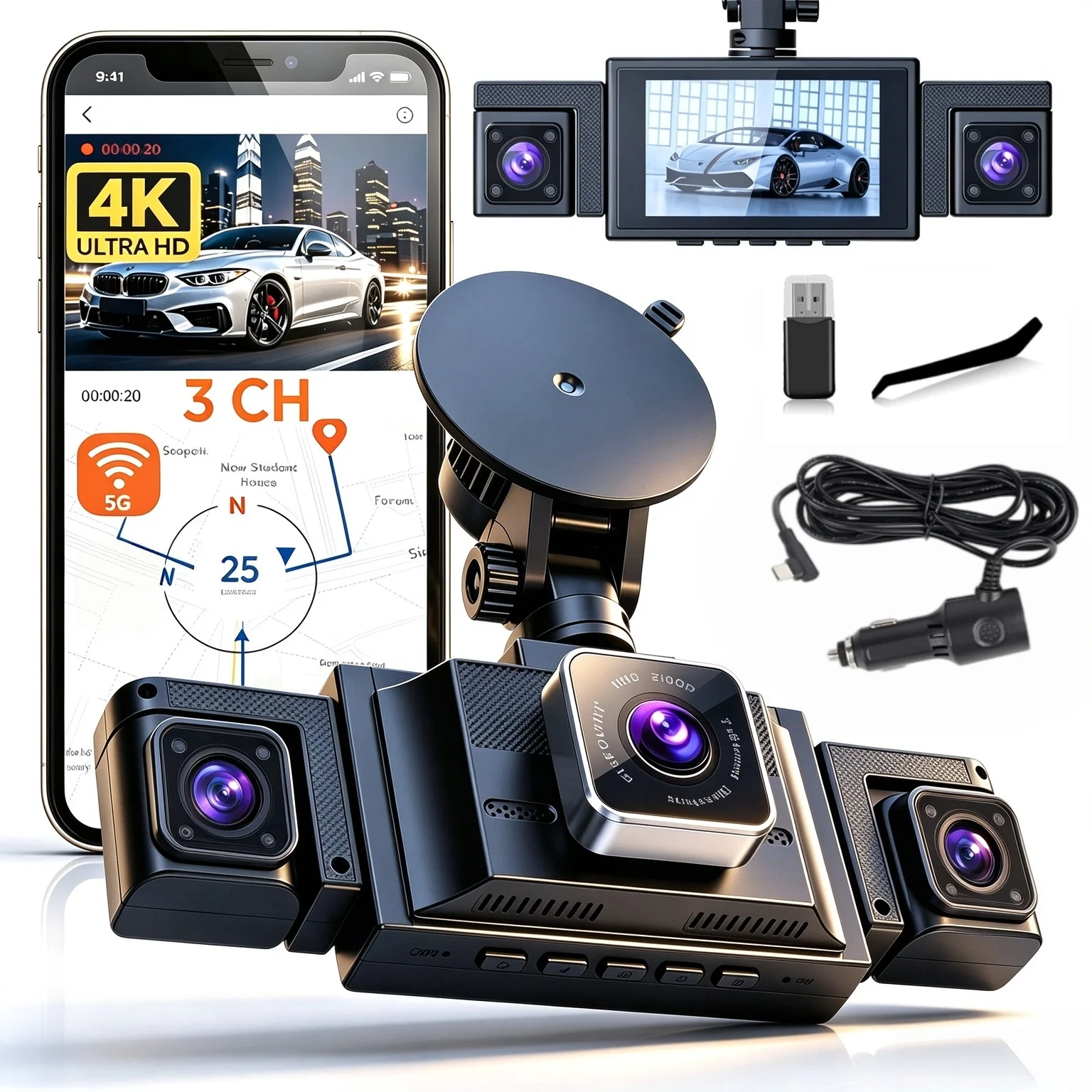 M350 3 Channel Dash Cam, 4K Front 1080P Inside, WiFi IR Night Vision Cabin Camera, Works with Apple Find My, 24/7 Recording, NO TF Card Included