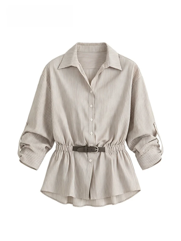 plus Size Women's Shirt Long Sleeve Striped Casual Breathable V-Neck Mid-Length Clubwear for Autumn Season Comfortable Polyester