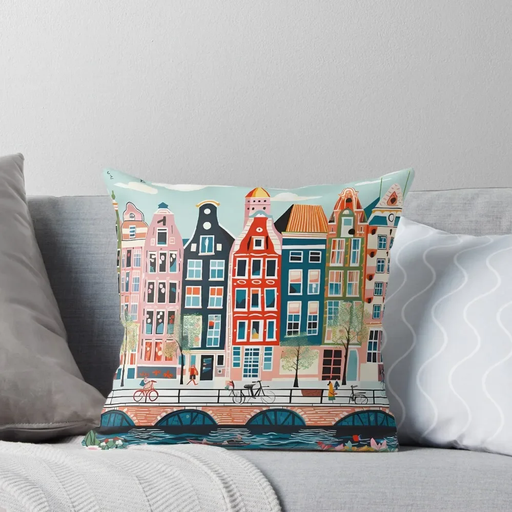 

Amsterdam Canal Poster - Colorful Houses and Buildings Illustration Throw Pillow Pillow Decor Pillowcases For Pillows pillow