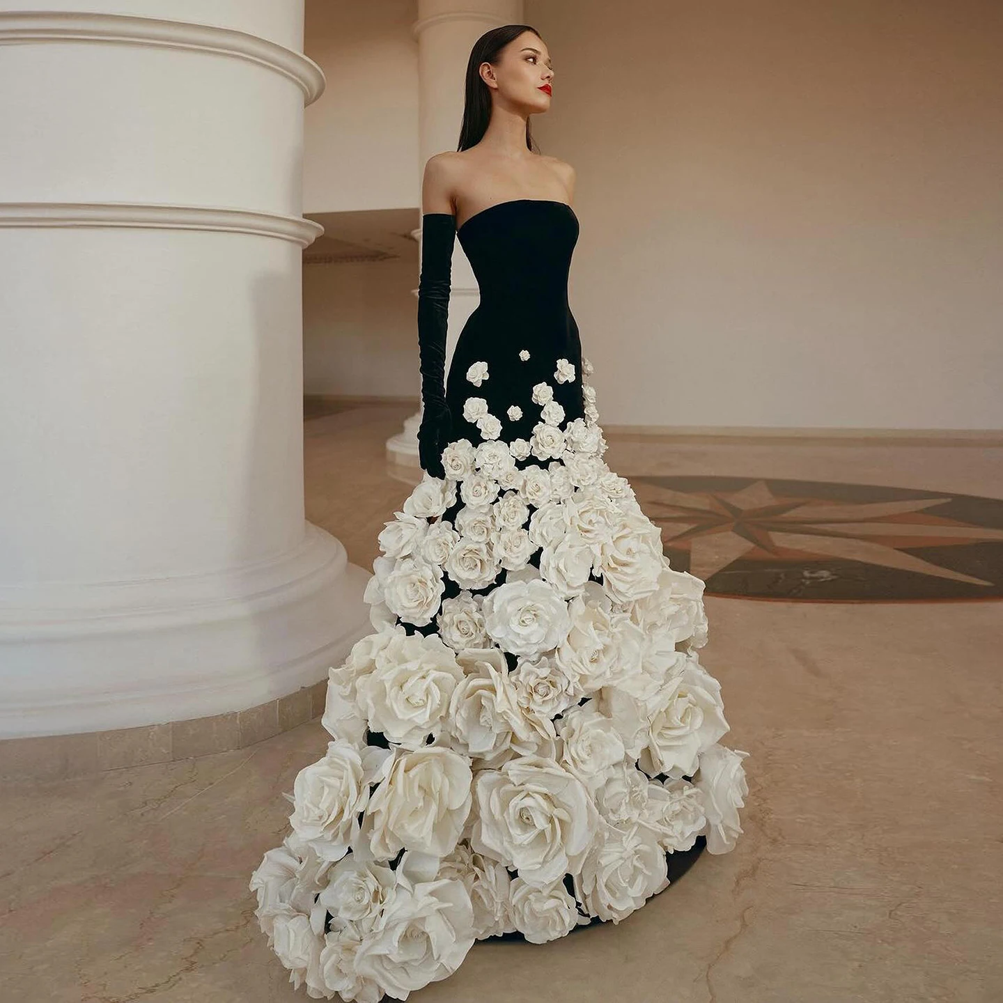 

Sharon Said Luxury Dubai Black Velvet Strapless Evening Dress with Gloves 3D Flowers Women Wedding Party Gowns SS748 Customized