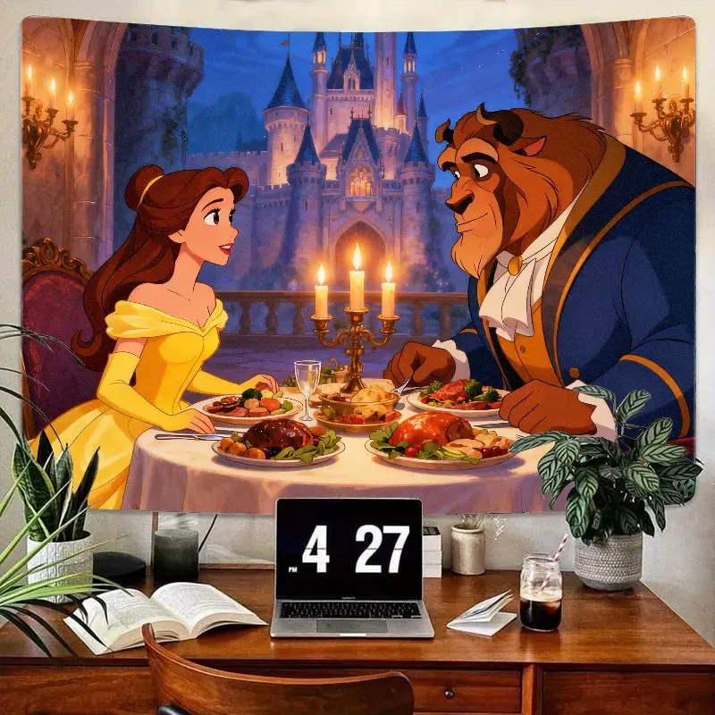 1PC Disney Beauty & The Beast Tapestry, Princess Belle Beast Dinner Wall Art, Fairytale Castle Decor, Aesthetic Bedroom Living R