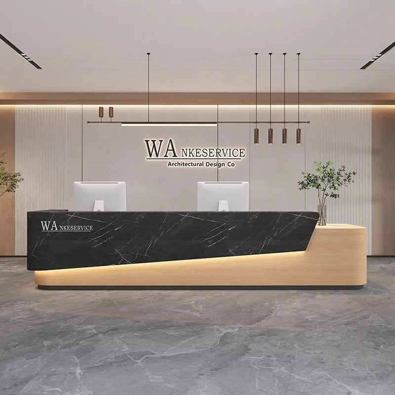 

Wholesale Minimalist Two Person Retro Wooden Gym Reception Table Hotel Lobby Reception Desk with Led Light