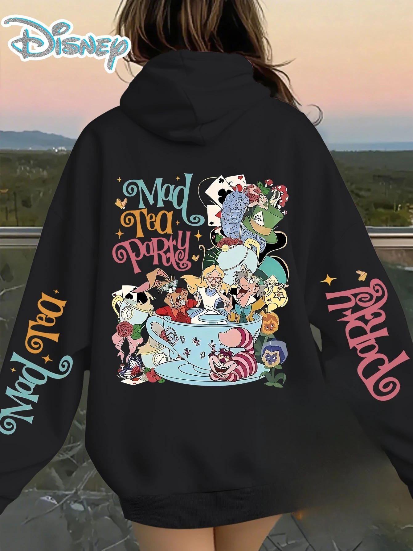 1 Disney Damen-Kapuzenpullover, bequem, locker, Alice im Wunderland, Mad Tea Party-Muster, Herbst und Winter, lässiger Langarm-Pullover
