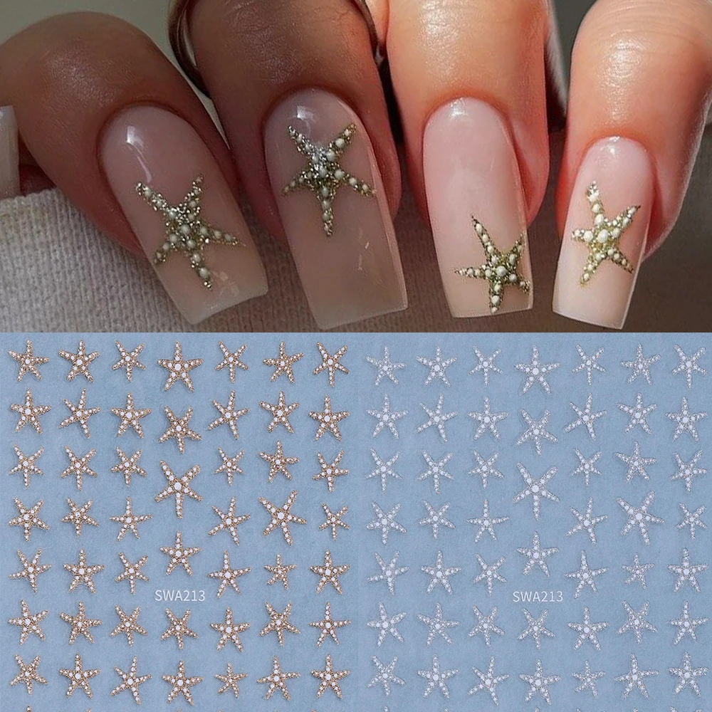 2pcs Summer Sea Star Nail Art Stickers Gold Silver Glitter Shell Starfish Nail Decals for DIY Manicure Soap Nail Decorations