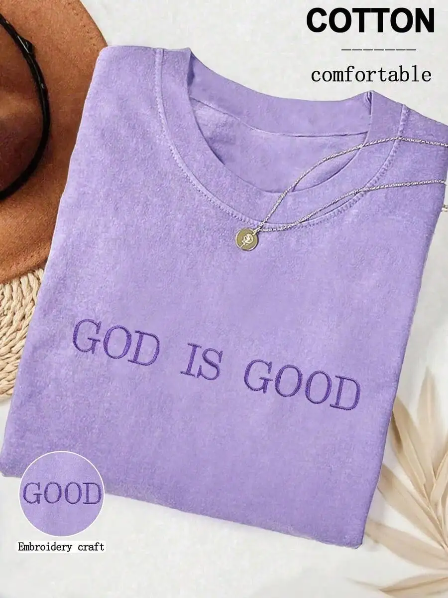 Camiseta Bordada con Diseño de Fe para Mujer, Talla Grande, Cuello Redondo, Cómoda, Regalo Cristiano