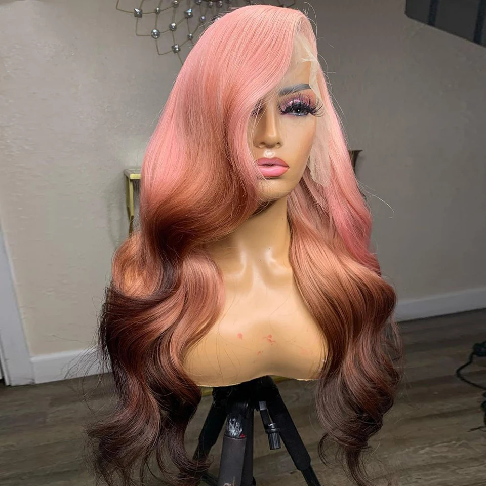 Perucas de cabelo humano ondulado para mulheres, cabelo remy brasileiro, peruca frontal de renda transparente, destaque ombre colorido, marrom e rosa, 180%