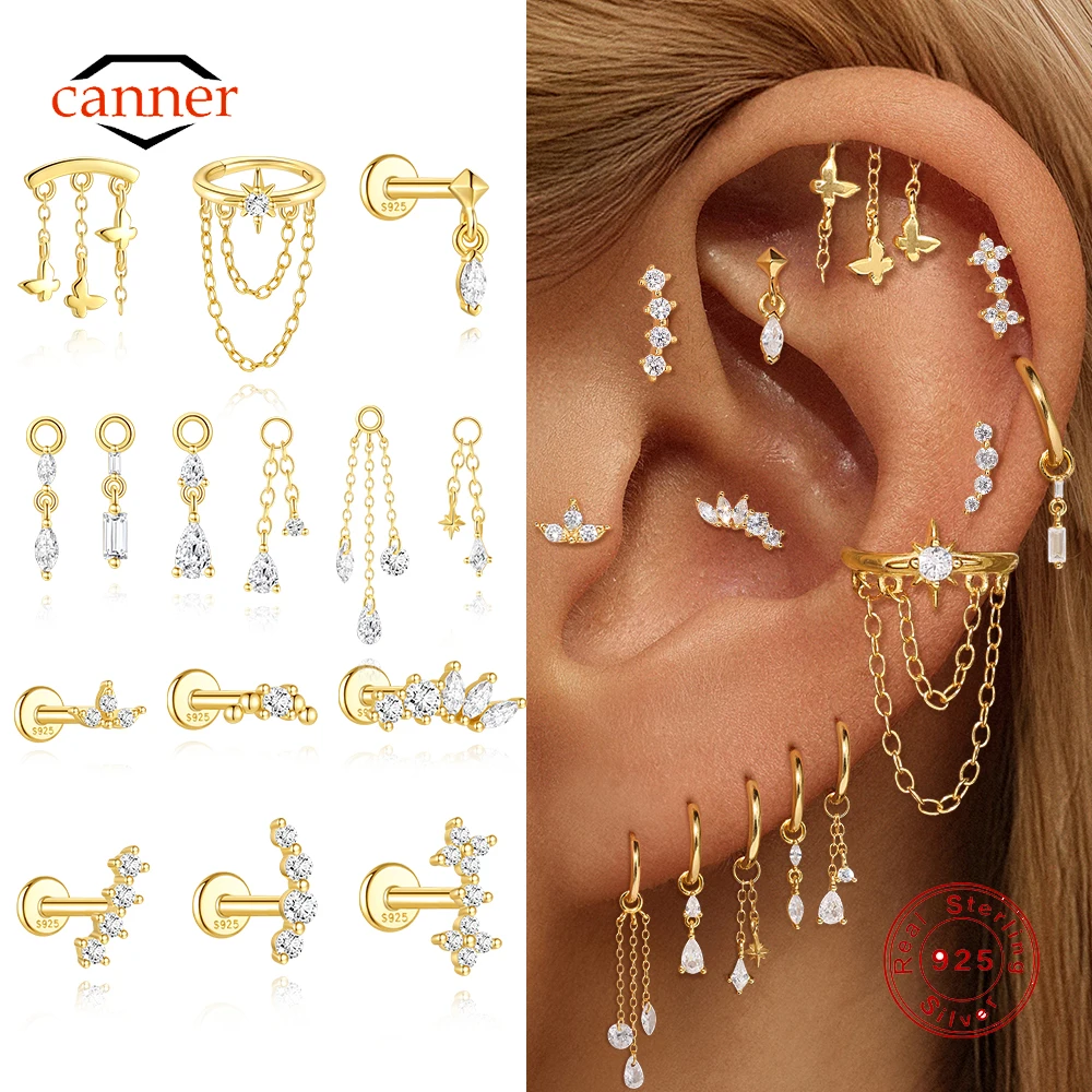 

CANNER 1PC 925 Sterling Silver Piercings Chain Charm Earring Eght-pointed Sar CZ Ear Bone Earrings For Women Ins Classic Earring