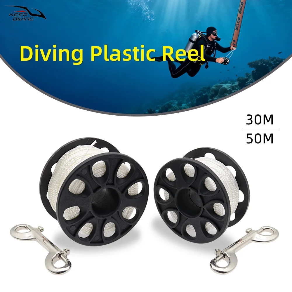 1 قطعة 30 متر/50 متر الغوص عززت النايلون بكرة إصبع بكرة مع الفولاذ المقاوم للصدأ مزدوجة نهاية هوك SMB غواص أدناه المعدات