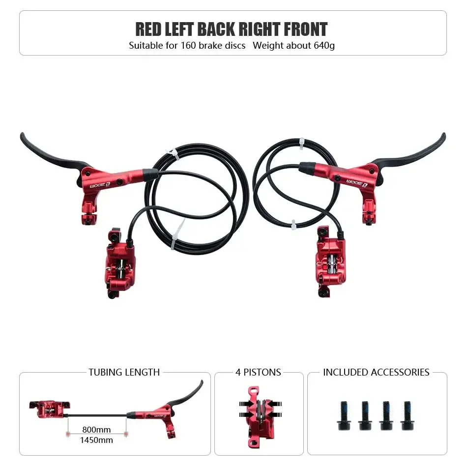 Zoom HB-876 4 Zuiger Opvouwbare Mountainbike Schijf Hydraulische Rem Set Voor 800 Achter 1400 Mm Mtb Fiets Kramp Rode Fietsonderdelen