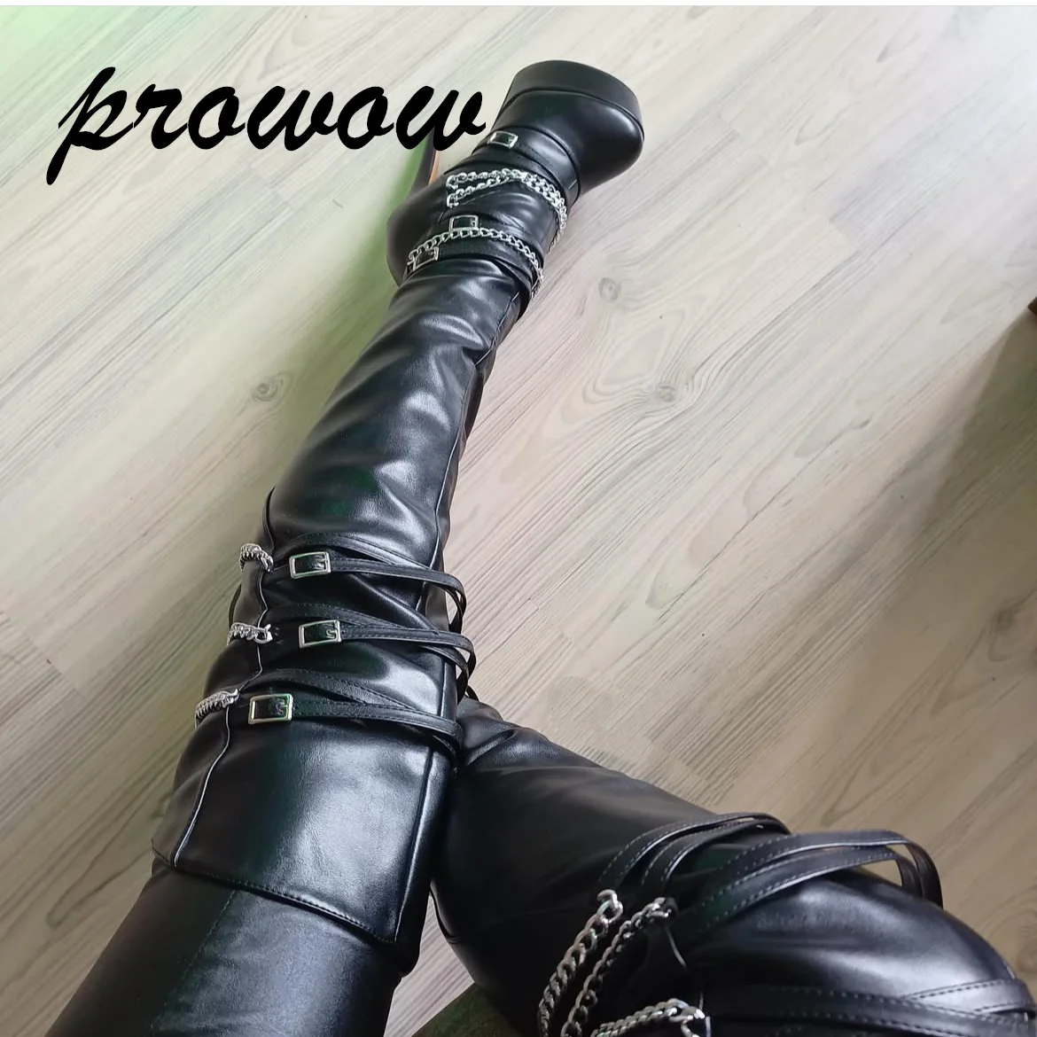 

Prowow Chian Deco Сапоги до бедра на платформе с боковой молнией на шпильке с круглым носком Черные туфли для косплея