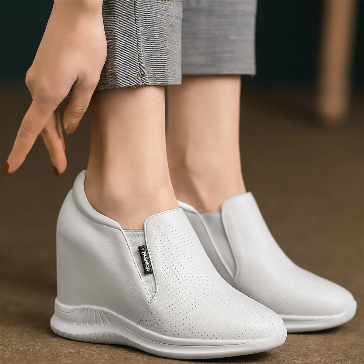 Breathable Platform Pumps Shoe Women Genuine Leather Wedges High Heel Ankle Boots Female Round Toe Fashion Sneakers Casual Shoes