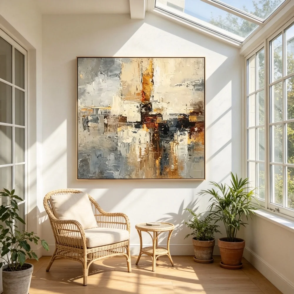 Hand Painted Abstract Oil Painting Original Palette Knife Minimalist Canvas Wall Art Gold Large Home Living Room Bedroom Decor