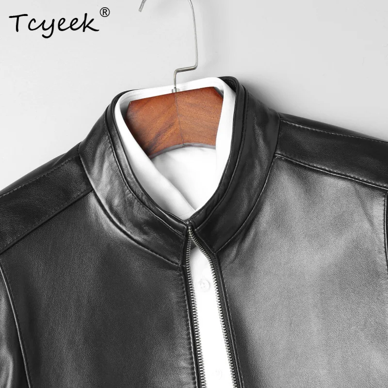 

Tcyeek Natural Sheepskin Real Leather Jacket Men Autumn Clothes Thin Mens Coats Motocycle Jackets Stand Collar Jaqueta De Couro