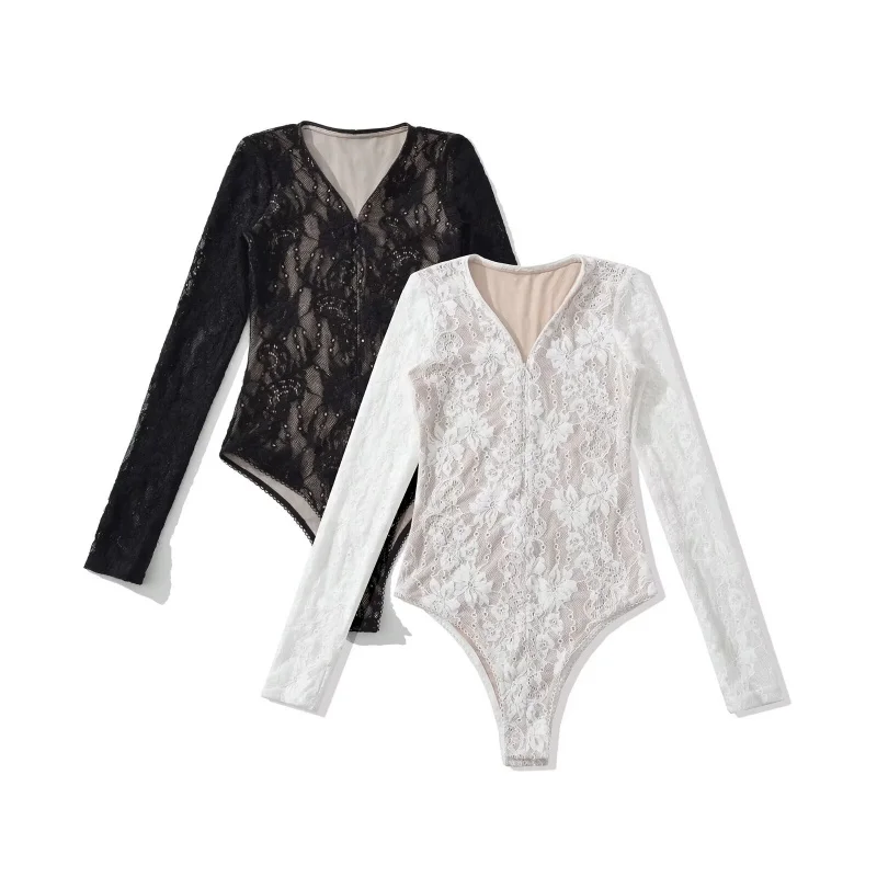 

Сексуальный кружевной комбинезон с V-образным вырезом для женщин, весна-лето, новинка, прозрачный, с длинным рукавом, для ношения как нижнее белье или верхняя одежда, в стиле Spicy Girl, базовый слой S...