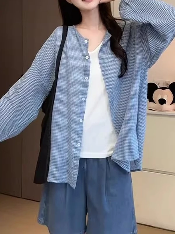 Blue Plaid Large Size Women's Summer Casual Long Sleeve Sun Protection Shirt Thin Outerwear Coat Trendy Loose Fit round Neck