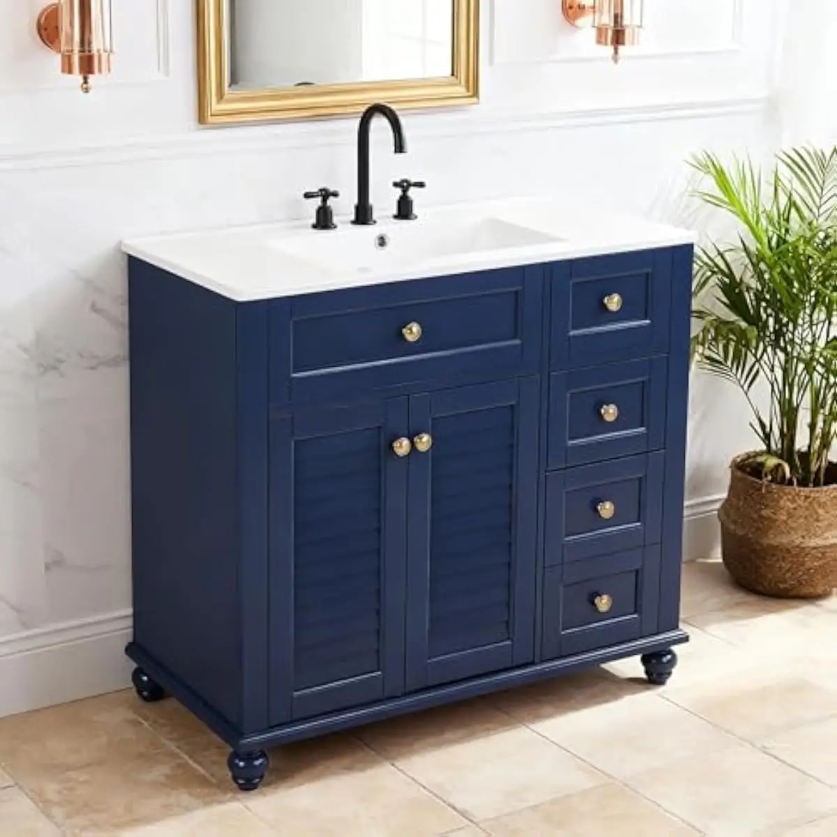 36 Inch Modern Bathroom Vanity Unit with Built-in Ceramic Sink • Solid Pine Frame & MDF Cabinet • Soft-Close Hinges • Five Smoot