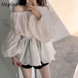 Neploe 2024 New Slash Neck Off Shoulder Blouses Y2k Slim Waist Shirts Women Long Sleeve Loose Chiffon Blusas De Mujer