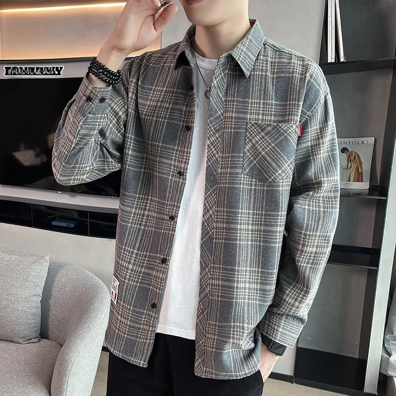 

Men's irt Autumn Plaid Long Sve Loose Casual Faionable Youth Polyester Cotton Blend Button up irt
