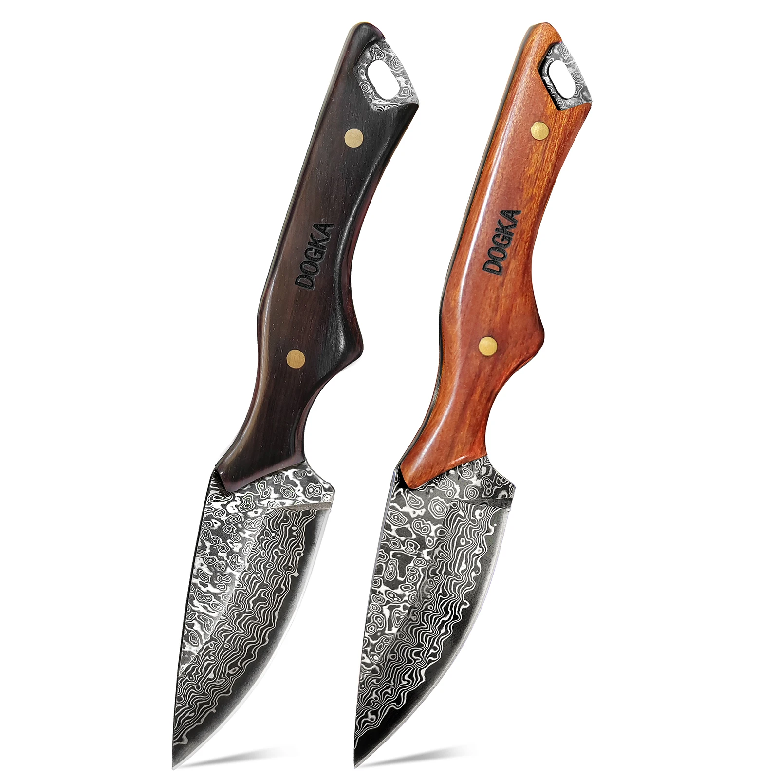 DOGKA Damascus Wave Pattern Fixed Blade Utility Tool Ergonomic Solid Wood Handle 2 Color Options With Embossed Leather Sheath Portable EDC Cutting Gear For Outdoor Camping Fruit Cutting Hobby Collection Gift