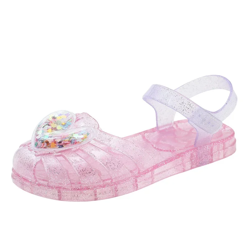 Girls Sandals Summer Child Princess Jelly Sandals Velcro Beach Shoe Love Baby Soft Bottom Kids Crystal Shoes Toddler Roman Shoes