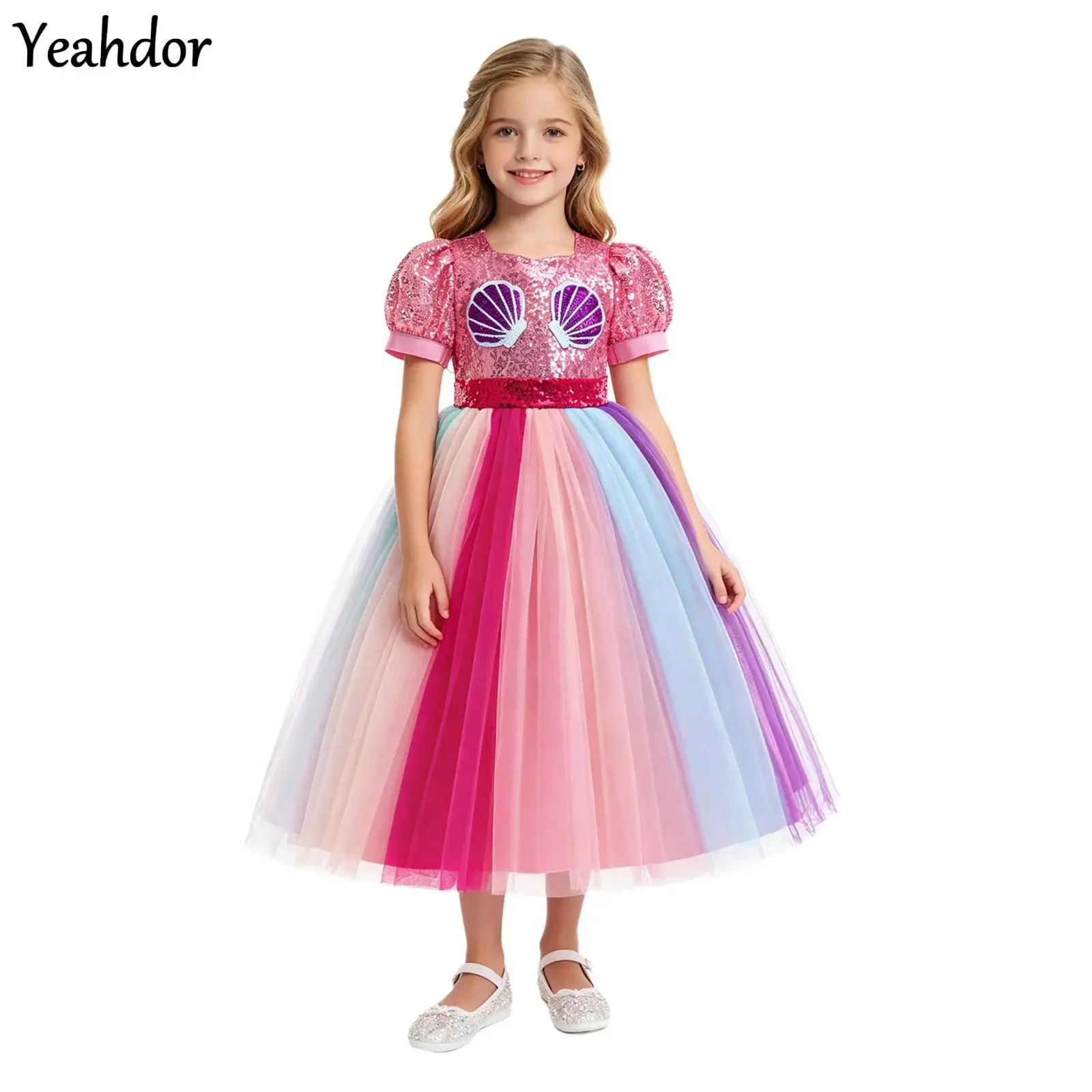 

Halloween Cosplay Mermaid Princess Dress Shiny Sequins Puff Sleeve Rainbow Tulle Tutu Dress Birthday Party Performance Costume