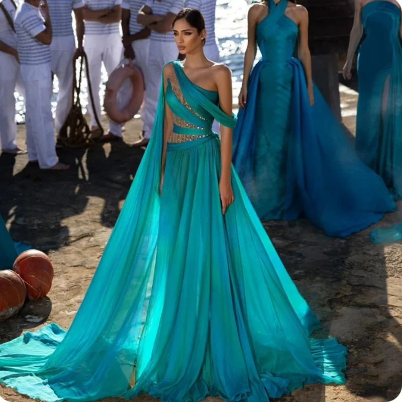 Sea Style Long Party Dresses Chiffon Beaded Prom Gown Off The Shoulder Turquoise Sleeveless Maxi Dress Dubai Arabic Prom Gown