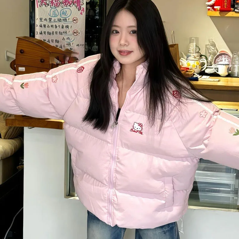 Japanese Sweet Hello Kittys Padded Jacket Cute Embroidery Thicken Women's Winter Korean Style Stand-Up Collar Warm Zipper Coat