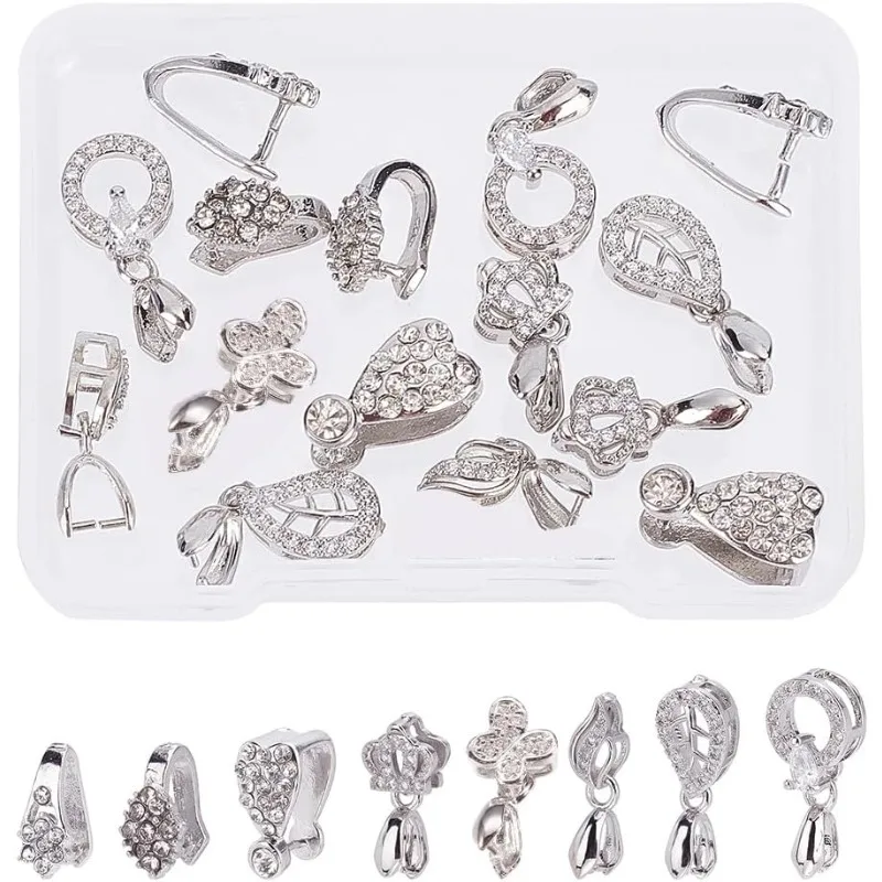 

16Pcs Brass Pinch Bails 8 Style Micro Pave Cubic Zirconia Pinch Clips Dangle Charm Bead Connector Rhinestone Ice Pick Pinch